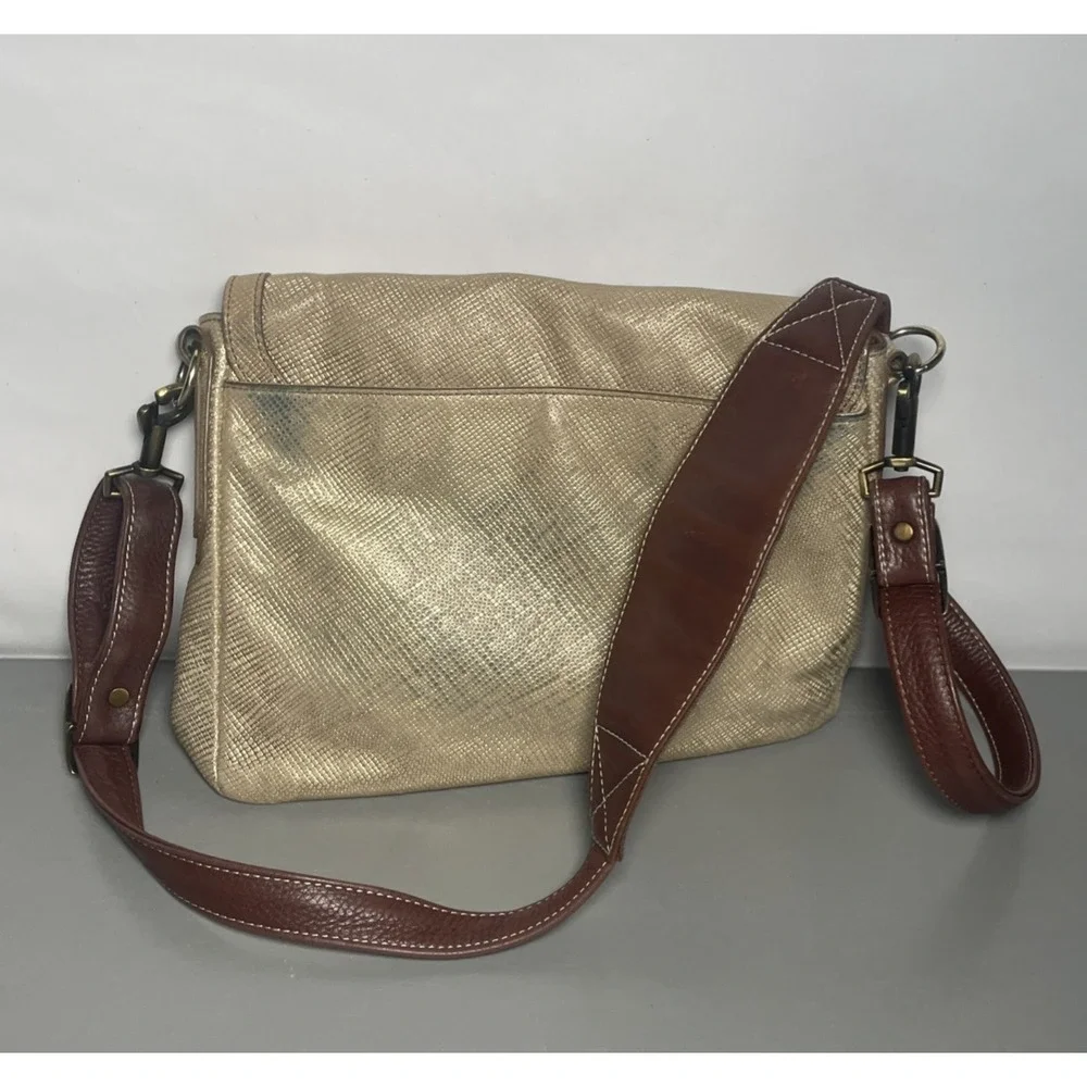 Fossil Distressed Metallic Gold Leather Flap Crossbody Messenger Bag